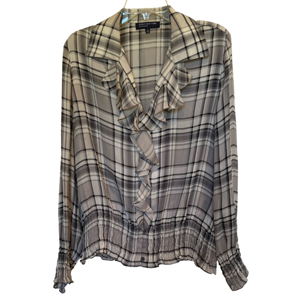 Jones New York Silk Plaid Ruffle Blouse - Gray